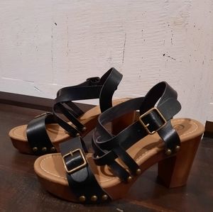 Black faux leather block heels